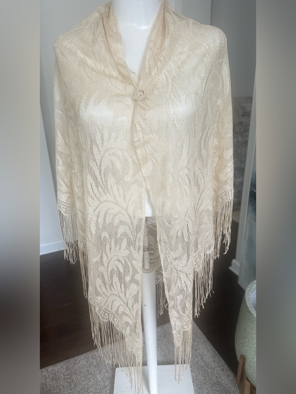 Lace Wrap Shawl with Pearl Brooch